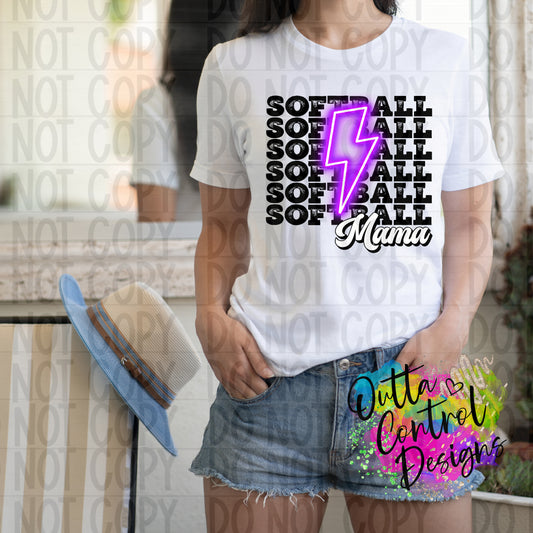 Softball Mama Purple Neon Bolt Ready To Press Sublimation and DTF Transfer