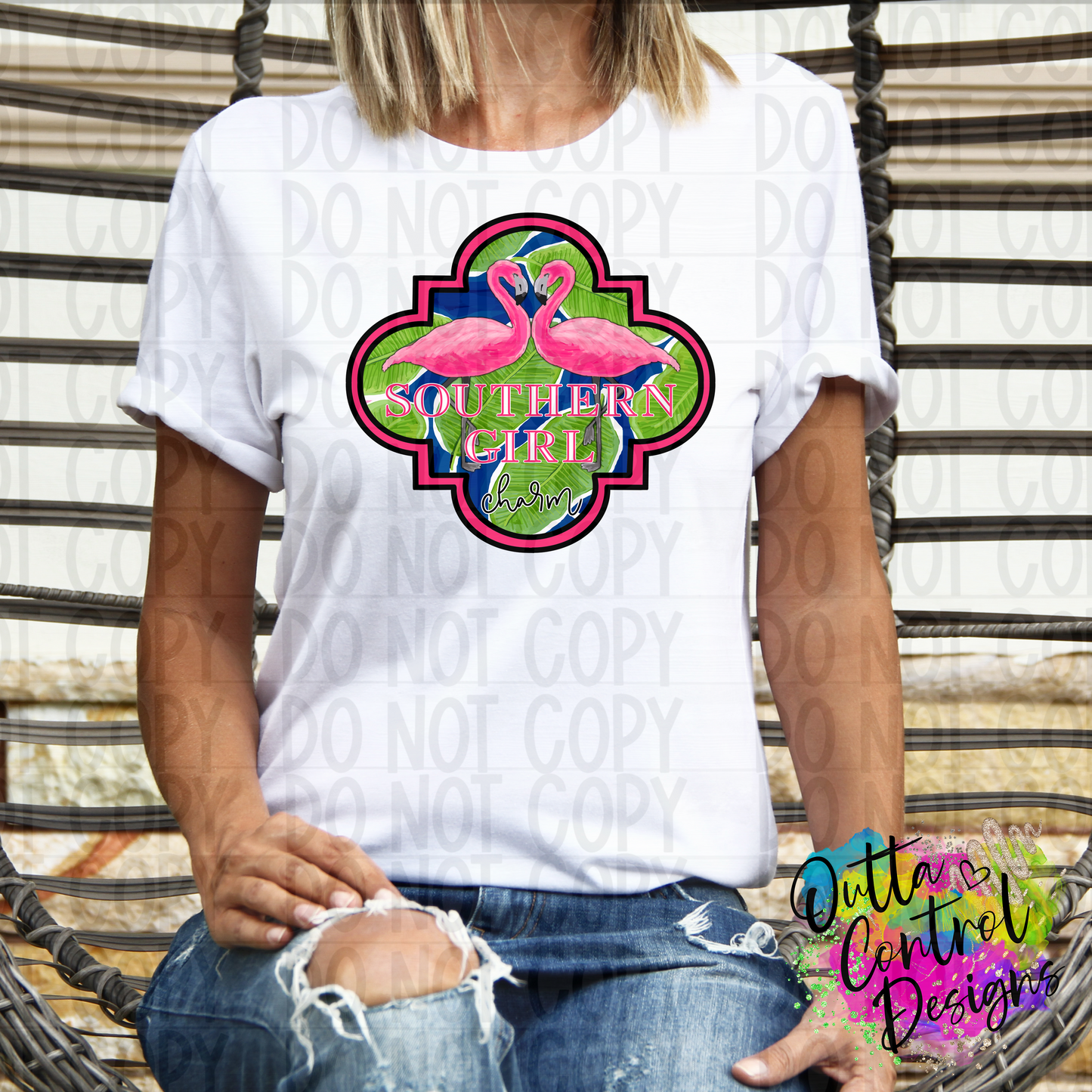 Southern Girl Charm Flamingo Navy Leaves Ready To Press Sublimation and DTF Transfer