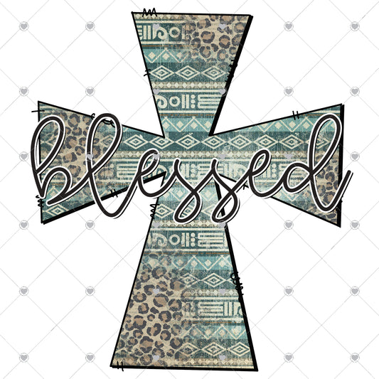 Blessed Aztec Cross Blue Ready To Press Sublimation and DTF Transfer