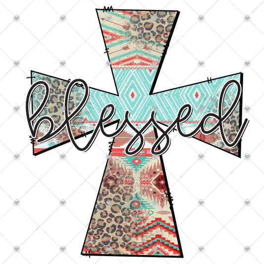 Blessed Aztec Cross Teal/Orange Ready To Press Sublimation and DTF Transfer