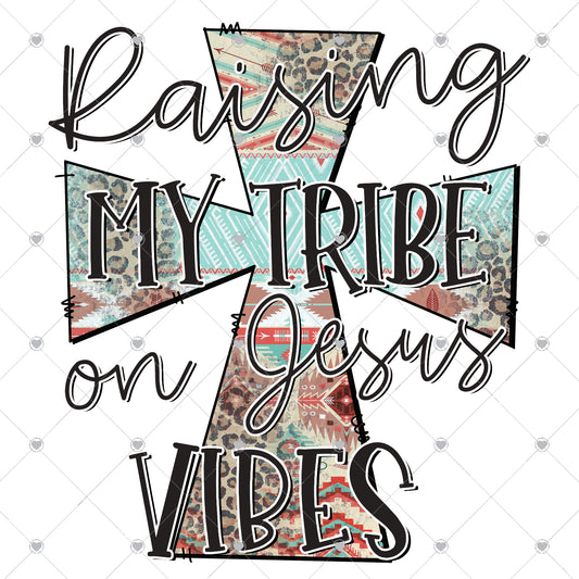 Raising My Tribe On Jesus Vibes Aztec Cross Teal/Orange Ready To Press Sublimation and DTF Transfer
