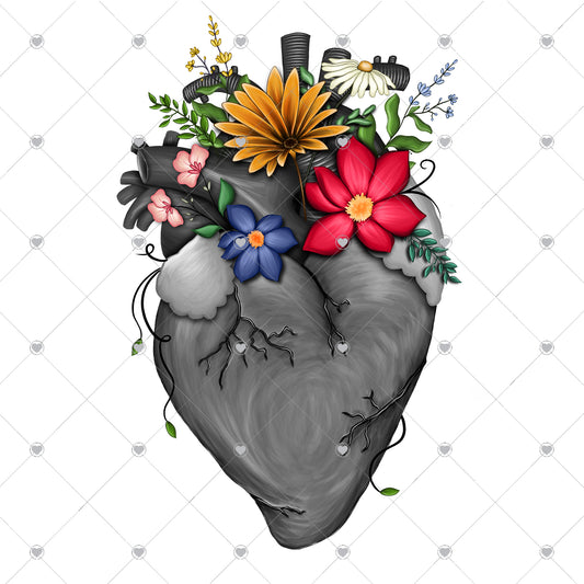 Grey Heart with Flowers Ready To Press Sublimation and DTF Transfer