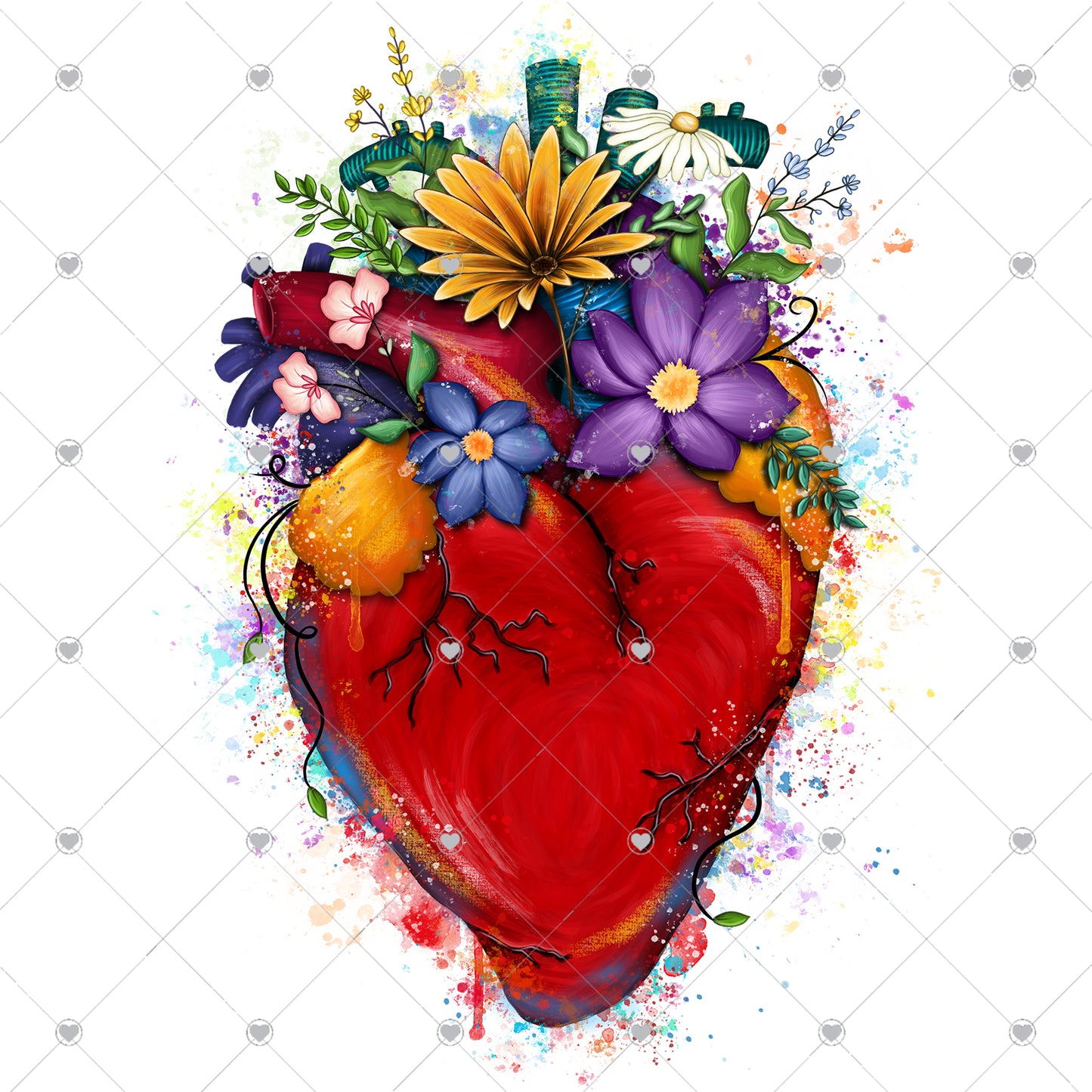 Heart with Flowers/Colorful Splatter Ready To Press Sublimation and DTF Transfer