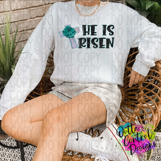 He Is Risen | Flower Cross Blue Ready To Press Sublimation and DTF Transfer