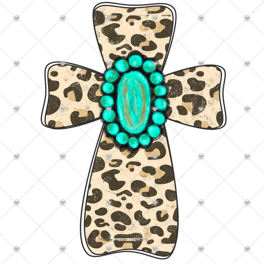 Leopard Cross With Turquoise Gem Ready To Press Sublimation and DTF Transfer