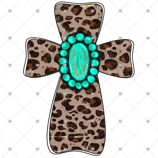 Leopard Cross With Turquoise Gem 2 Ready To Press Sublimation and DTF Transfer