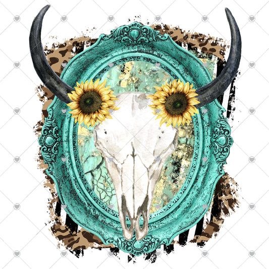 Skull Sunflower | Turquoise Ready To Press Sublimation and DTF Transfer