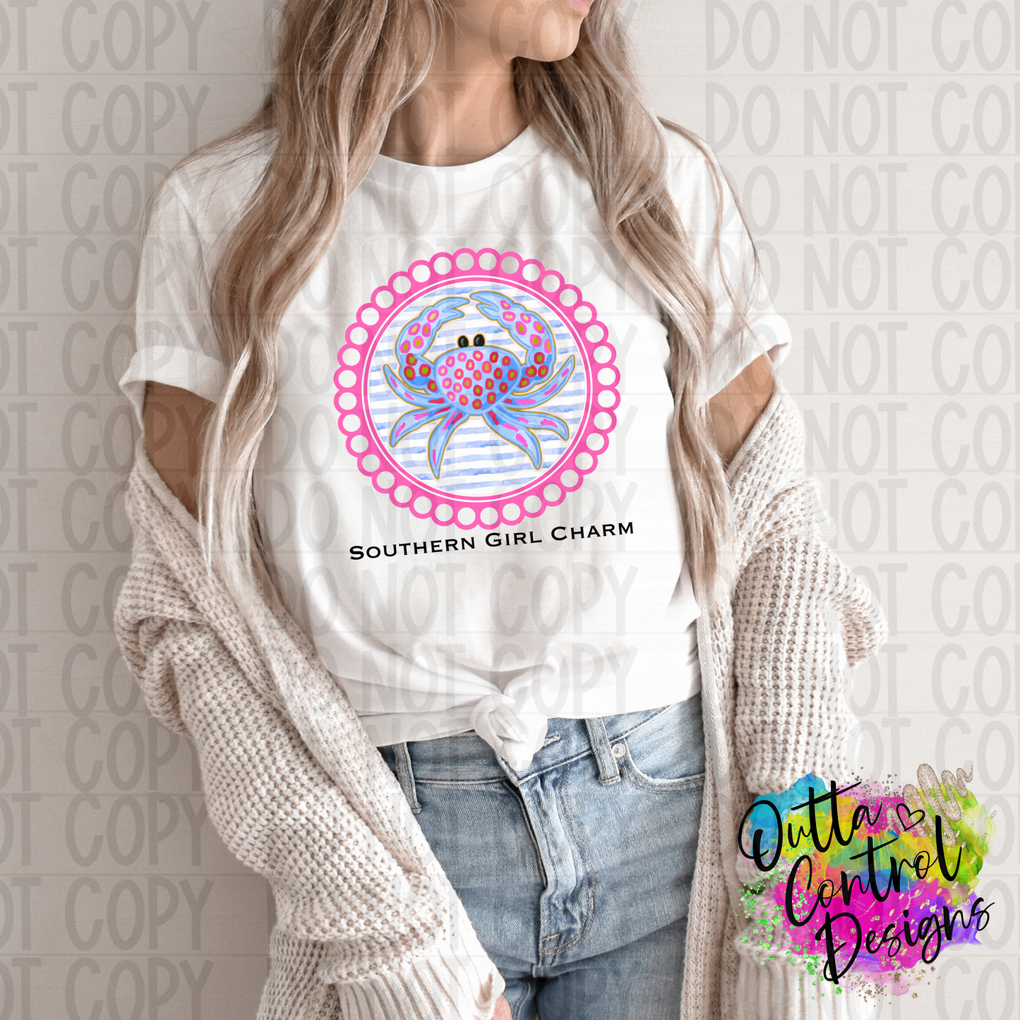 Southern Girl Charm Scalloped Crab Blue Ready To Press Sublimation and DTF Transfer