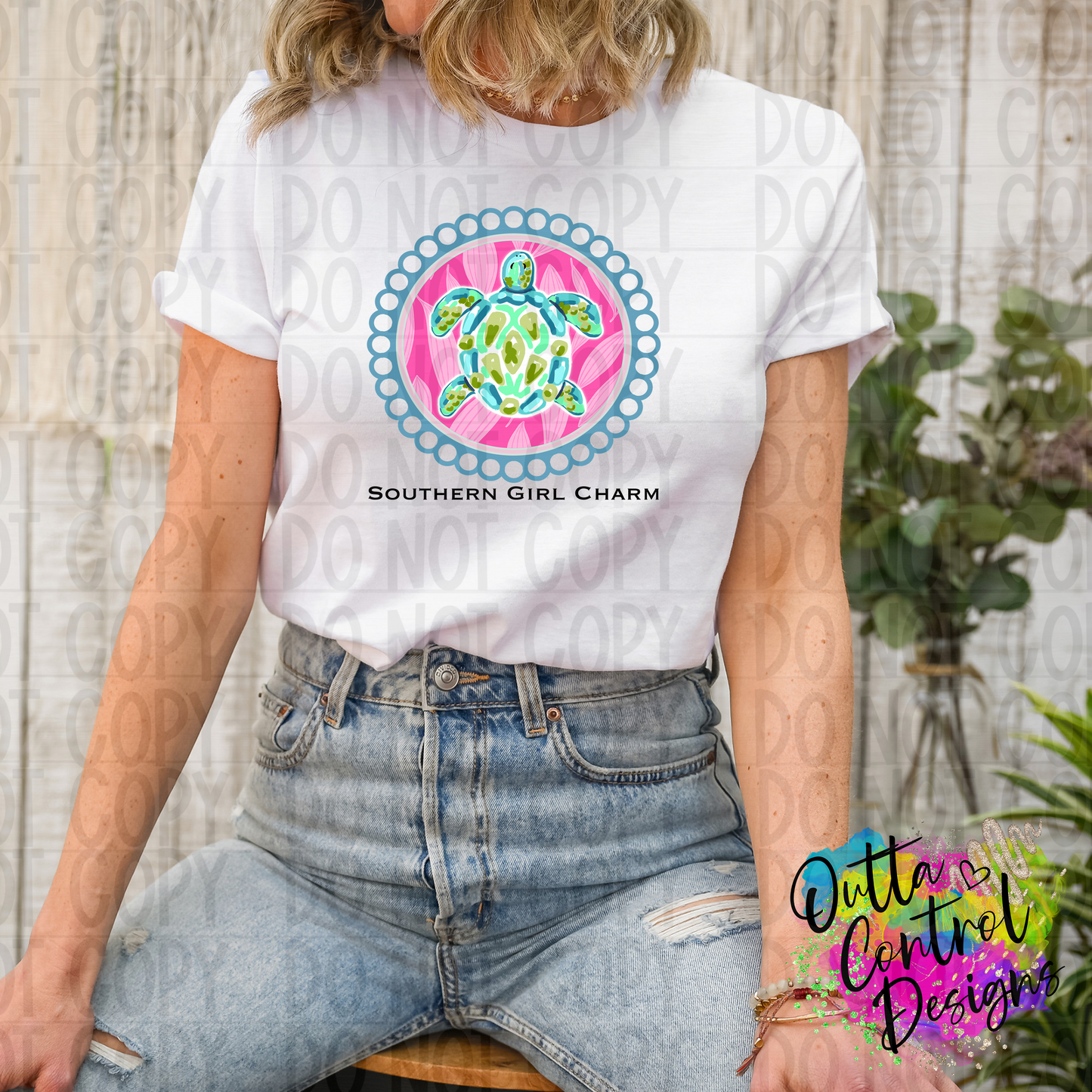 Southern Girl Charm Scalloped Turtle Blue Ready To Press Sublimation and DTF Transfer