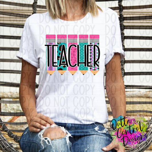 Teacher Pencil | Pink Teal and Blue Ready To Press Sublimation and DTF Transfer
