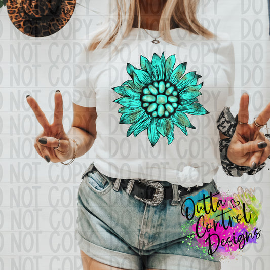 Turquoise Gem Sunflower Ready to Press Sublimation and DTF Transfer