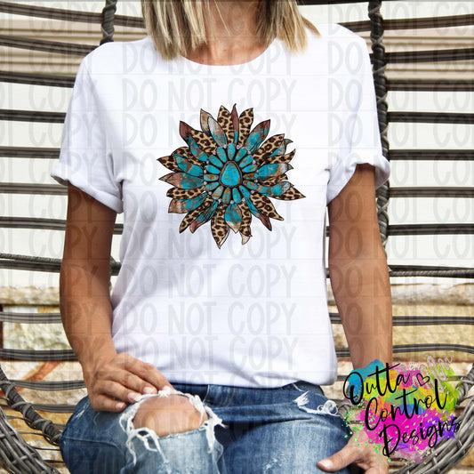 Turquoise Leopard Sunflower Ready To Press Sublimation and DTF Transfer